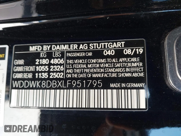 2020 Mercedes-Benz C 300 with VIN WDDWK8DBXLF951795, listed as a IAAI auction lot 41925316 with 47,348 mi miles and . Bid and sale history available at DreamBid. Image 9.