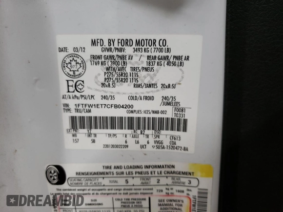2012 Ford F-150 XL with VIN 1FTFW1ET7CFB04200, listed as a Copart auction lot 43991405 with 322,284 mi miles and Clean Title. Bid and sale history available at carsss.com. Image 12.