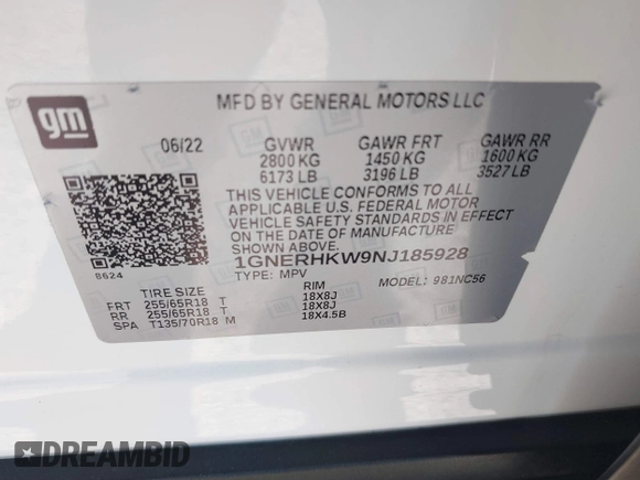 2022 Chevrolet Traverse LT Leather with VIN 1GNERHKW9NJ185928, listed as a IAAI auction lot 41287567 with 97,223 mi miles. Bid and sale history available at carsss.com. Image 9.