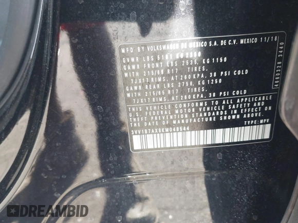 2019 Volkswagen Tiguan S с VIN 3VV1B7AX8KM048544, выставлен на аукционе IAAI как лот 42199240 с пробегом 86 179 миль миль и . История ставок и продаж доступна на DreamBid. Изображение 9.
