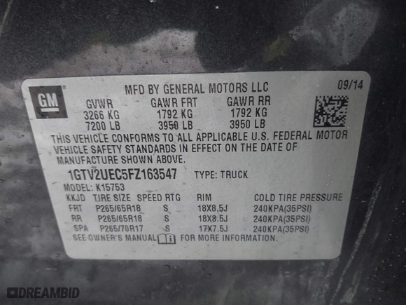 2015 GMC Sierra 1500 SLE with VIN 1GTV2UEC5FZ163547, listed as a IAAI auction lot 41457275 with 149,290 mi miles. Bid and sale history available at carsss.com. Image 9.