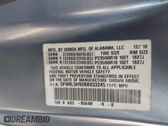 2011 Honda Odyssey Touring с VIN 5FNRL5H92BB033245, выставлен на аукционе IAAI как лот 42226287 с пробегом 184 910 миль миль и . История ставок и продаж доступна на DreamBid. Изображение 9.