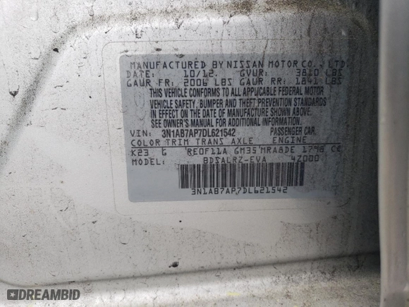 2013 Nissan Sentra SR with VIN 3N1AB7AP7DL621542, listed as a Copart auction lot 49902195 with 168,129 mi miles and Salvage Title. Bid and sale history available at carsss.com. Image 13.