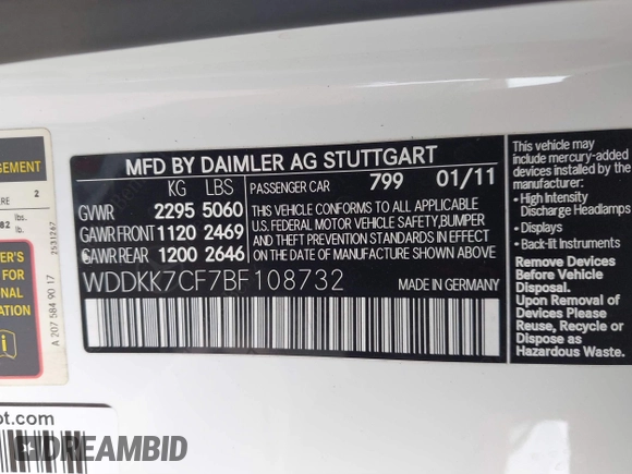 2011 Mercedes-Benz E-Class E 550 with VIN WDDKK7CF7BF108732, listed as a IAAI auction lot 41592820 with 53,640 mi miles. Bid and sale history available at carsss.com. Image 9.