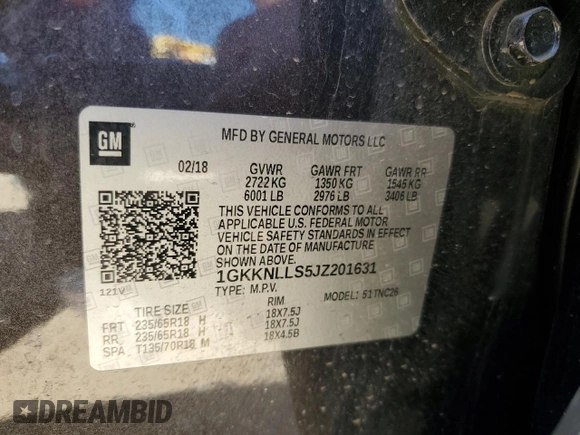 2018 GMC Acadia SLE with VIN 1GKKNLLS5JZ201631, listed as a Copart auction lot 52924405 with 126,052 mi miles and Salvage title. Bid and sale history available at DreamBid. Image 14.