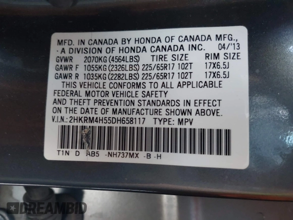 2013 Honda CR-V EX with VIN 2HKRM4H55DH658117, listed as a IAAI auction lot 41933093 with 68,726 mi miles. Bid and sale history available at carsss.com. Image 9.