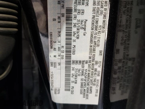 2014 Ford Focus SE with VIN 1FADP3F25EL460855, listed as a Copart auction lot 52911945 with 140,181 mi miles and Salvage Title. Bid and sale history available at DreamBid. Image 14.