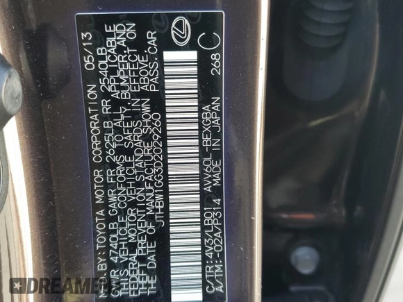 2013 Lexus ES 300h with VIN JTHBW1GG3D2029260, listed as a Copart auction lot 54244645 with 129,842 mi miles and Salvage Title. Bid and sale history available at DreamBid. Image 12.