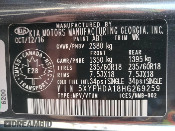 2017 Kia Sorento EX with VIN 5XYPHDA18HG269259, listed as a Copart auction lot 67498704 with 133,620 mi miles and Clean Title. Bid and sale history available at carsss.com. Image 13.