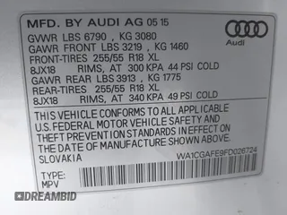 2015 Audi Q7 3.0T Premium with VIN WA1CGAFE9FD026724, listed as a IAAI auction lot 41740073 with 71,505 mi miles. Bid and sale history available at carsss.com. Image 9.