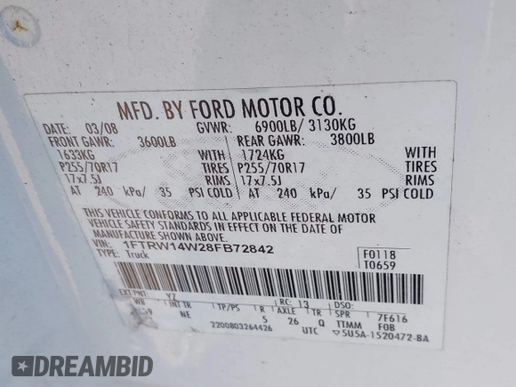 2008 Ford F-150 XL with VIN 1FTRW14W28FB72842, listed as a IAAI auction lot 41903952 with 314,817 mi miles. Bid and sale history available at carsss.com. Image 9.