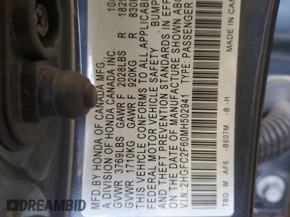 2021 Honda Civic LX z VIN 2HGFC2F60MH502941, wystawiony jako Copart lot #56029145 z przebiegiem 52 290 mil mil oraz Nie do naprawy • Non repairable. Historia ofert i sprzedaży dostępna na DreamBid. Obrazek 13.