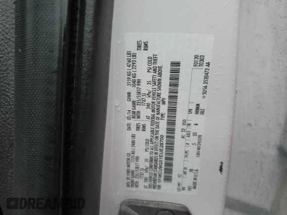 2014 Ford Escape SE with VIN 1FMCU9GX1EUE28700, listed as a Copart auction lot 59841745 with 135,210 mi miles and Salvage title. Bid and sale history available at DreamBid. Image 13.