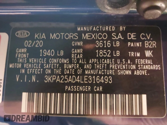 2020 Kia Rio S with VIN 3KPA25AD4LE316493, listed as a IAAI auction lot 41983572 with 41,684 mi miles and . Bid and sale history available at DreamBid. Image 9.