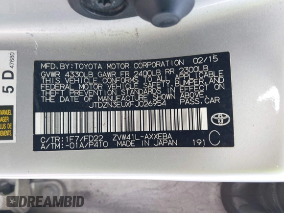 2015 Toyota Prius Two with VIN JTDZN3EUXFJ026954, listed as a IAAI auction lot 41980948 with 128,870 mi miles and . Bid and sale history available at DreamBid. Image 9.