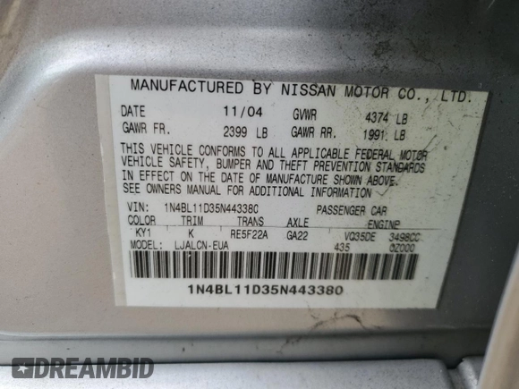 2005 Nissan Altima 3.5 SE with VIN 1N4BL11D35N443380, listed as a Copart auction lot 46716205 with 147,466 mi miles and Salvage Title. Bid and sale history available at carsss.com. Image 12.