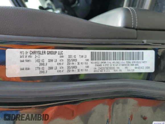 2011 Dodge Durango Citadel with VIN 1D4SE5GT9BC595393, listed as a Copart auction lot 65574855 with 193,538 mi miles and Salvage title. Bid and sale history available at DreamBid. Image 13.