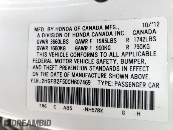 2012 Honda Civic LX z VIN 2HGFB2F50CH607469, wystawiony jako Copart lot #55878635 z przebiegiem 86 975 mil mil oraz Szkoda całkowita • Salvage title. Historia ofert i sprzedaży dostępna na DreamBid. Obrazek 12.