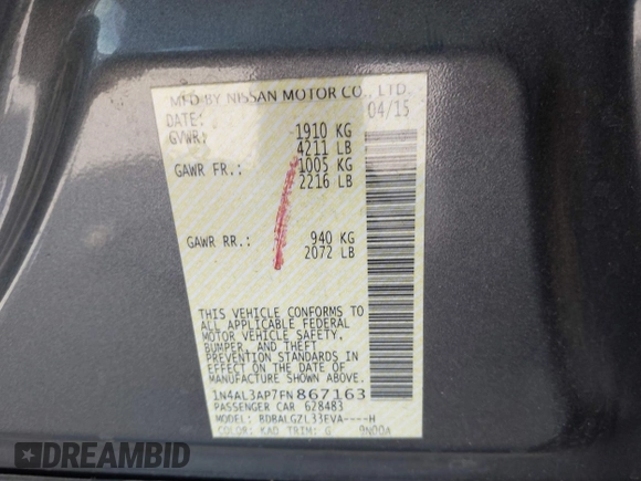 2015 Nissan Altima S with VIN 1N4AL3AP7FN867163, listed as a IAAI auction lot 41773956 with 73,797 mi miles and . Bid and sale history available at DreamBid. Image 9.