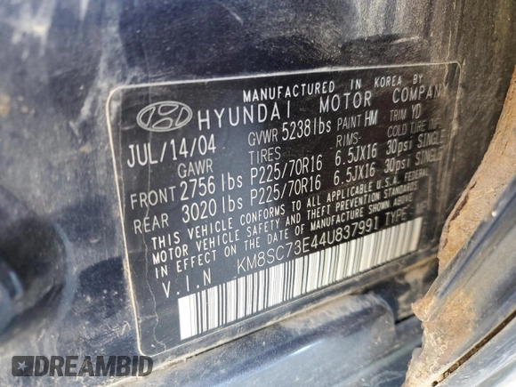 2004 Hyundai Santa Fe GLS with VIN KM8SC73E44U837991, listed as a Copart auction lot 74093234 with 0 mi miles and Non Repairable. Bid and sale history available at carsss.com. Image 14.