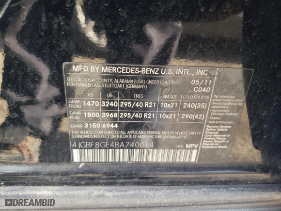 2011 Mercedes-Benz GL-Class GL 550 with VIN 4JGBF8GE4BA740084, listed as a Copart auction lot 43389055 with 175,573 mi miles and Salvage Title. Bid and sale history available at carsss.com. Image 14.