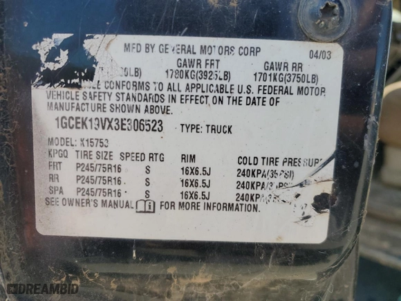 2003 Chevrolet Silverado 1500 LS with VIN 1GCEK19VX3E306523, listed as a Copart auction lot 46088075 with 0 mi miles and Clean Title. Bid and sale history available at carsss.com. Image 12.