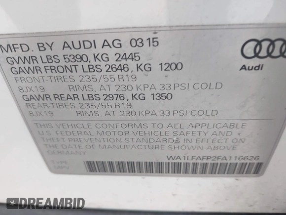 2015 Audi Q5 Premium Plus with VIN WA1LFAFP2FA116626, listed as a IAAI auction lot 42037581 with 113,038 mi miles. Bid and sale history available at carsss.com. Image 9.