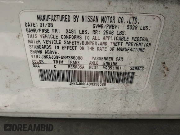 2008 Infiniti EX Journey with VIN JNKAJ09F48M356088, listed as a IAAI auction lot 41851235 with 166,677 mi miles and . Bid and sale history available at DreamBid. Image 9.