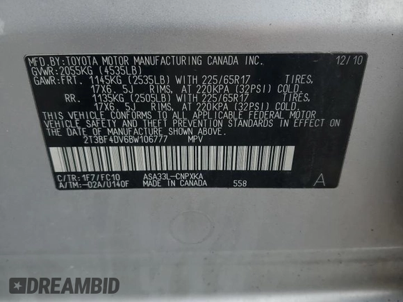 2011 Toyota RAV4 with VIN 2T3BF4DV6BW106777, listed as a Copart auction lot 54992455 with 156,478 mi miles and Clean Title. Bid and sale history available at carsss.com. Image 13.