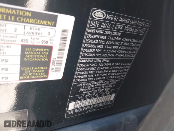 2016 Land Rover Range Rover Sport HSE with VIN SALWS2PF3GA100083, listed as a IAAI auction lot 42529482 with 62,248 mi miles and . Bid and sale history available at DreamBid. Image 9.
