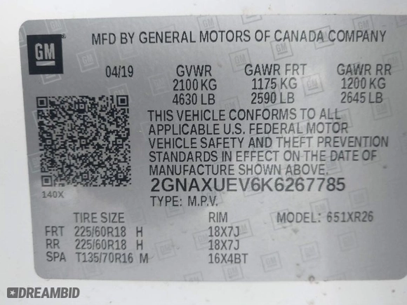 2019 Chevrolet Equinox LT with VIN 2GNAXUEV6K6267785, listed as a IAAI auction lot 41595658 with 75,830 mi miles. Bid and sale history available at carsss.com. Image 9.