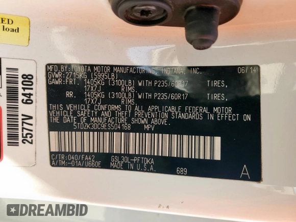 2014 Toyota Sienna L with VIN 5TDZK3DC9ES504168, listed as a Copart auction lot 53580095 with 253,688 mi miles and Salvage Title. Bid and sale history available at carsss.com. Image 13.