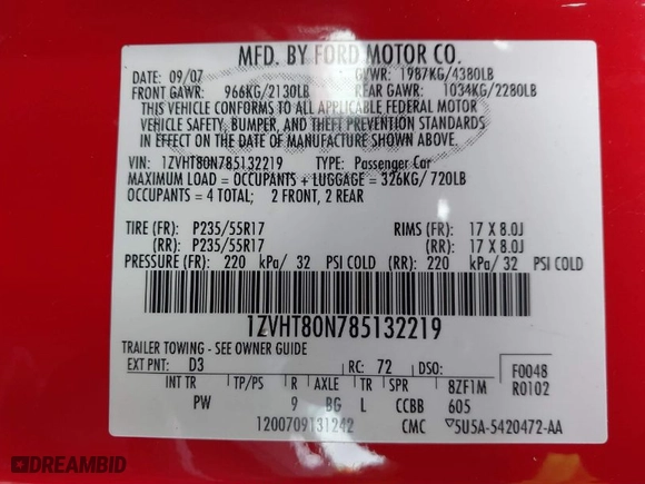 2008 Ford Mustang Deluxe with VIN 1ZVHT80N785132219, listed as a IAAI auction lot 41637438 with 96187 miles. Bid and sale history available at carsss.com. Image 9.