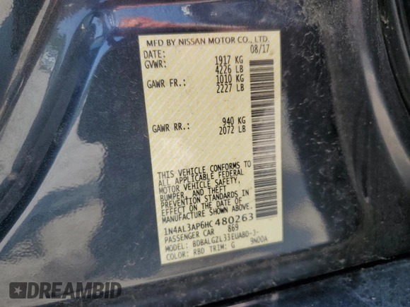 2017 Nissan Altima SR z VIN 1N4AL3AP6HC480263, wystawiony jako Copart lot #60558985 z przebiegiem Nie podano mil oraz Czysty tytuł • Clean title. Historia ofert i sprzedaży dostępna na DreamBid. Obrazek 13.