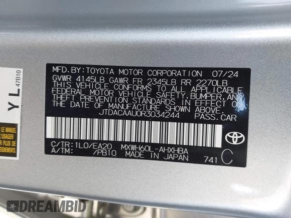 2024 Toyota Prius LE z VIN JTDACAAU0R3034244, wystawiony jako IAAI lot #42312682 z przebiegiem 4 102 mil mil oraz . Historia ofert i sprzedaży dostępna na DreamBid. Obrazek 9.
