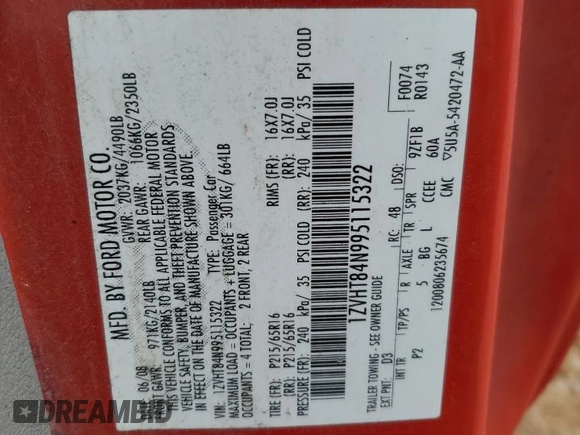2009 Ford Mustang with VIN 1ZVHT84N995115322, listed as a Copart auction lot 41831315 with 189,669 mi miles and Salvage title. Bid and sale history available at DreamBid. Image 12.