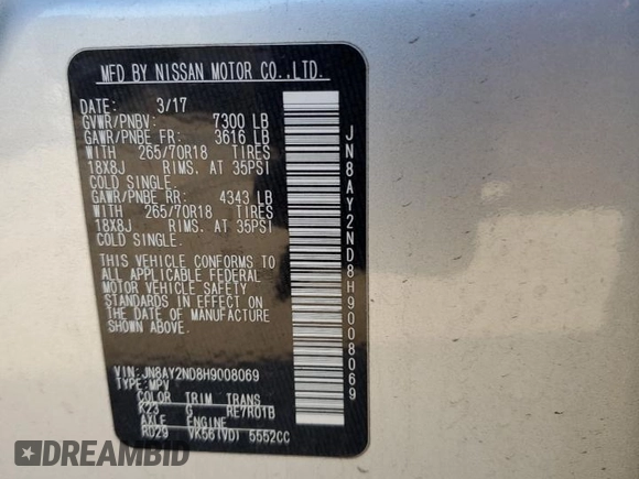 2017 Nissan Armada SV with VIN JN8AY2ND8H9008069, listed as a Copart auction lot 80265754 with 137,009 mi miles and Salvage Title. Bid and sale history available at carsss.com. Image 14.