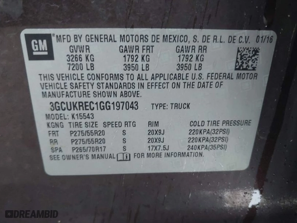 2016 Chevrolet Silverado 1500 LT with VIN 3GCUKREC1GG197043, listed as a IAAI auction lot 41953001 with 181,124 mi miles. Bid and sale history available at carsss.com. Image 9.