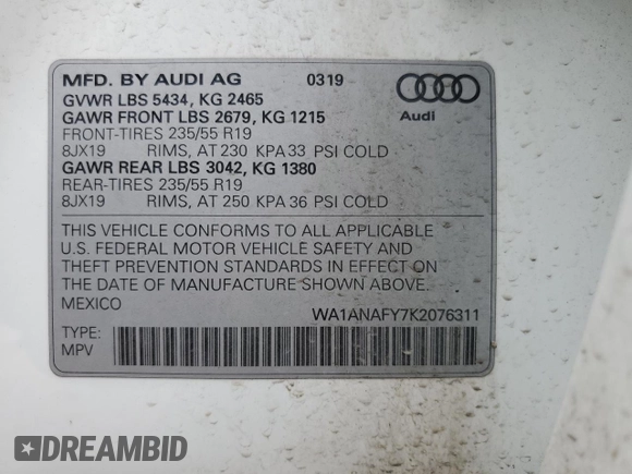 2019 Audi Q5 Premium with VIN WA1ANAFY7K2076311, listed as a Copart auction lot 42499015 with 92,034 mi miles and Salvage Title. Bid and sale history available at carsss.com. Image 13.