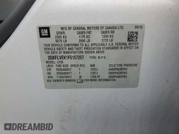 2015 GMC Terrain SLE with VIN 2GKFLVEK1F6157257, listed as a Copart auction lot 62030355 with Not provided miles and Salvage title. Bid and sale history available at DreamBid. Image 13.