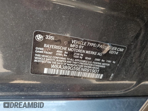 2014 BMW 3 Series 335i xDrive with VIN WBA3B9G59ENR91901, listed as a Copart auction lot 59386295 with 109,995 mi miles and Salvage title. Bid and sale history available at DreamBid. Image 12.