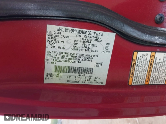 2003 Ford Explorer XLT с VIN 1FMZU73K83UC38110, выставлен на аукционе IAAI как лот 42209079 с пробегом 149 673 миль миль и . История ставок и продаж доступна на DreamBid. Изображение 9.