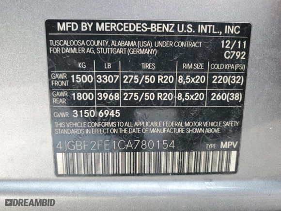 2012 Mercedes-Benz GL-Class GL 350 BlueTEC with VIN 4JGBF2FE1CA780154, listed as a Copart auction lot 44188305 with 0 mi miles and Salvage Title. Bid and sale history available at carsss.com. Image 13.