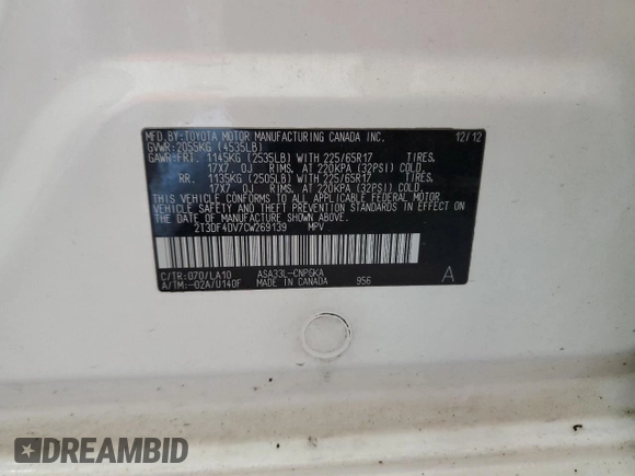 2012 Toyota RAV4 Limited with VIN 2T3DF4DV7CW269139, listed as a Copart auction lot 61161975 with 136,447 mi miles and Salvage title. Bid and sale history available at DreamBid. Image 14.