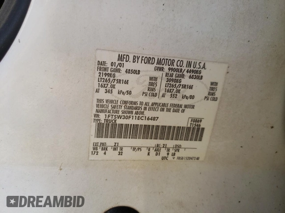 2001 Ford F-350 XL with VIN 1FTSW30F11EC16487, listed as a Copart auction lot 74970834 with 169,268 mi miles and Salvage Title. Bid and sale history available at DreamBid. Image 12.