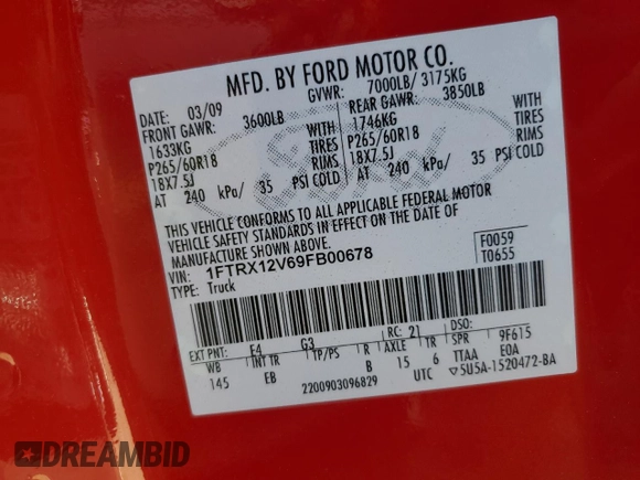 2009 Ford F-150 XLT with VIN 1FTRX12V69FB00678, listed as a Copart auction lot 49859845 with 68,312 mi miles and Salvage title. Bid and sale history available at DreamBid. Image 12.