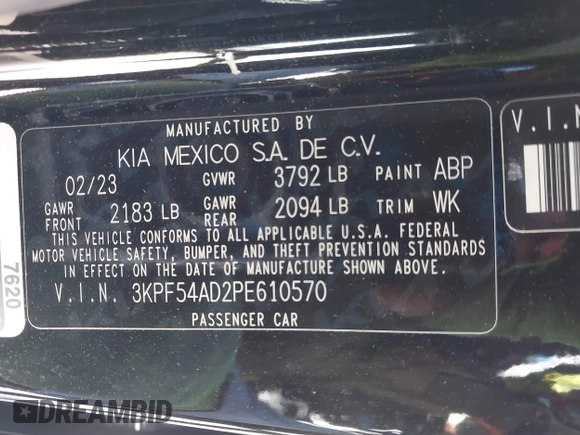 2023 Kia Forte GT-Line z VIN 3KPF54AD2PE610570, wystawiony jako IAAI lot #41744796 z przebiegiem 32 700 mil mil oraz . Historia ofert i sprzedaży dostępna na DreamBid. Obrazek 9.
