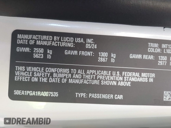 2024 Lucid Air Pure with VIN 50EA1PGA1RA007535, listed as a IAAI auction lot 41879547 with 2,497 mi miles. Bid and sale history available at carsss.com. Image 9.