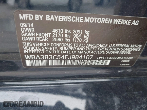 2015 BMW 3 Series 328i xDrive with VIN WBA3B3C54FJ984107, listed as a IAAI auction lot 41565829 with 98,557 mi miles and . Bid and sale history available at DreamBid. Image 9.
