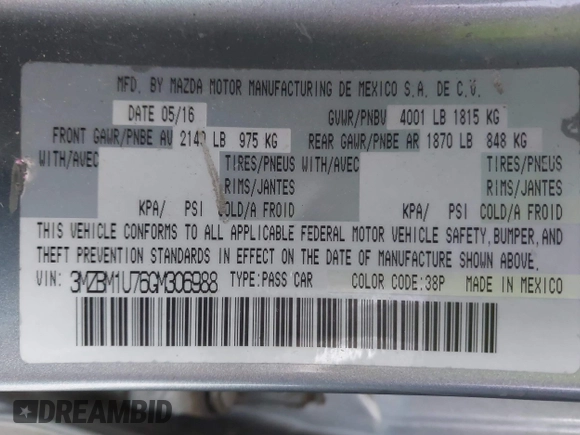 2016 Mazda Mazda3 i Sport with VIN 3MZBM1U76GM306988, listed as a IAAI auction lot 41286055 with 116,175 mi miles. Bid and sale history available at carsss.com. Image 9.